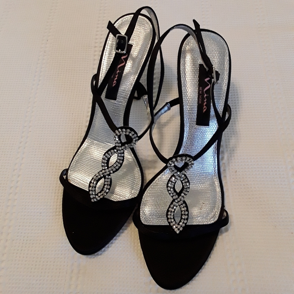 Nina T-Strap Rhinestone Embellished Heels, Black